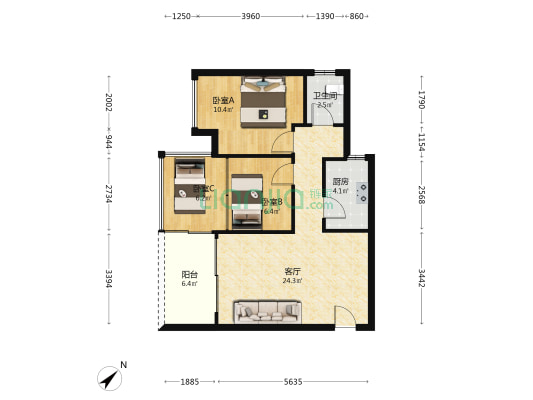 珀丽华府 3室1厅1卫 68平方