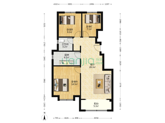 天铂泓园 3室1厅1卫 100平方