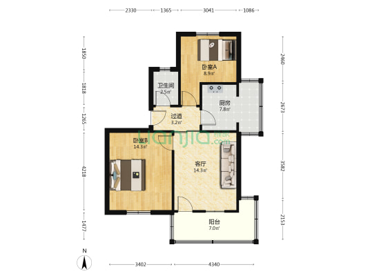 邮电器材公司 2室1厅1卫 65平方