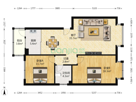 书香门第 2室1厅1卫 95平方