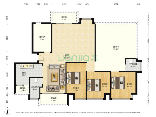 凯晴公馆 3室1厅2卫 125平方
