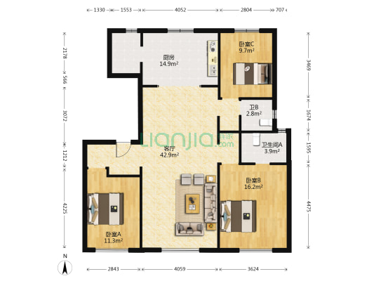 中海橡树园一期 3室1厅2卫 125平方