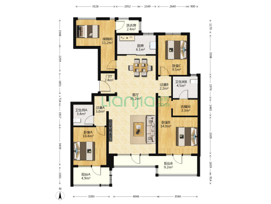 首开龙湖天璞 3室1厅2卫 128平方