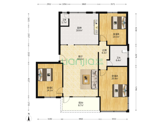 新风路 3室1厅2卫 131平方