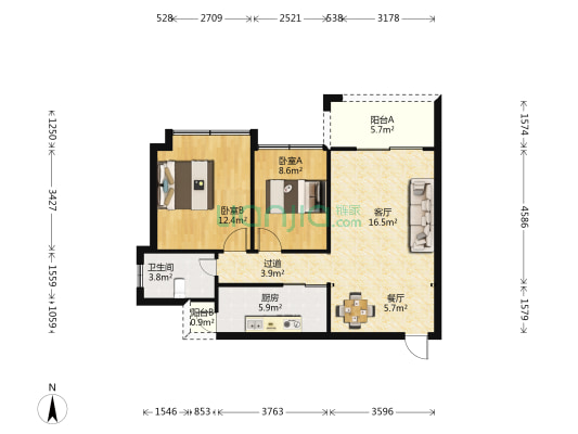 衍宏万国中央区 2室2厅1卫 75平方