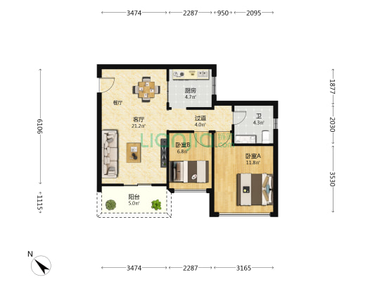 东方豪庭 2室1厅1卫 71平方