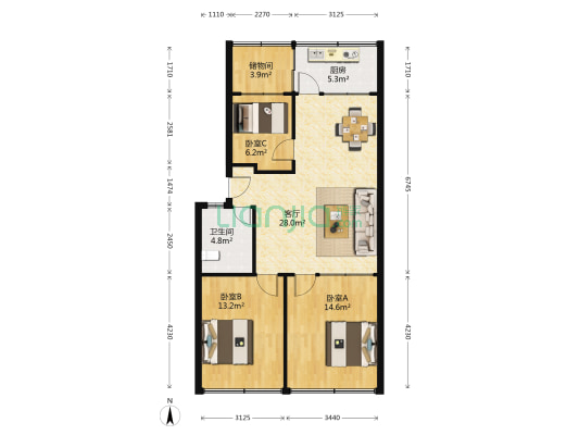 工商局住宅 3室1厅1卫 92平方