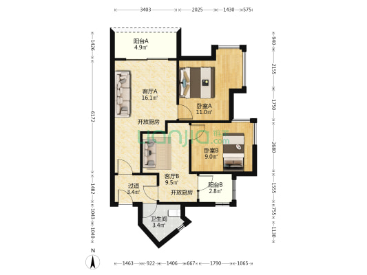 金丰大厦(海珠) 2室2厅1卫 80平方
