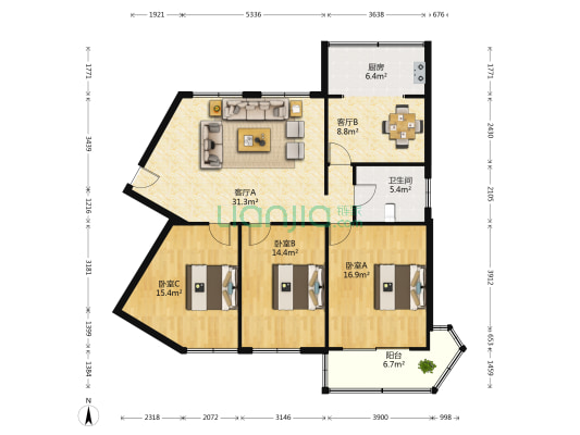 济大路1号 3室2厅1卫 135平方