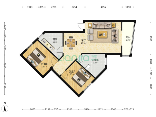 新民路商业步行街B苑 2室1厅1卫 87平方
