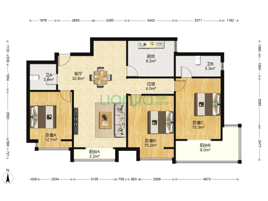 龙洲新城 3室1厅2卫 154平方
