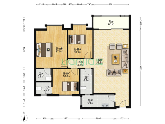 凯旋豪庭 3室1厅3卫 110平方