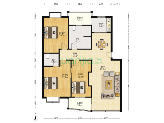 大信花园 3室1厅2卫 139平方