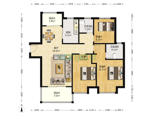 旭辉香格里 3室1厅2卫 120平方