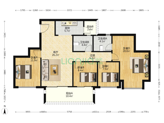金科岭上洋楼 4室1厅2卫 136平方