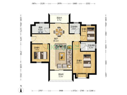上霞湖庭 3室1厅2卫 97平方