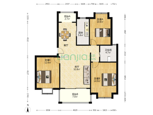 迎亭公寓 3室1厅1卫 107平方