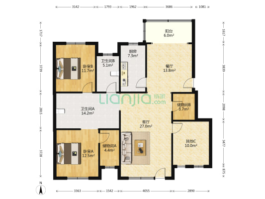 兴邦第一城 2室2厅2卫 155平方