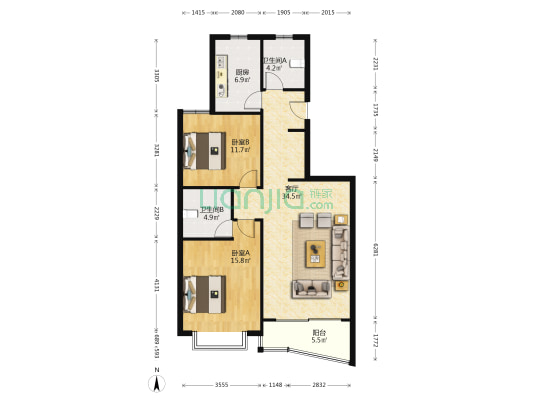 海洲丽园 2室1厅2卫 111平方