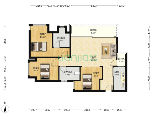 合谊理想城三期 3室1厅2卫 99平方