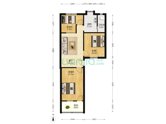 解放西路国药厂宿舍 3室1厅1卫 77平方