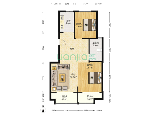 明珠苑北区 2室1厅1卫 104平方