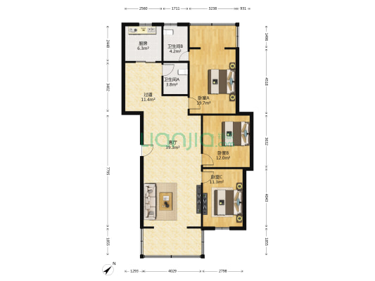 天乐嘉苑 3室1厅2卫 133平方