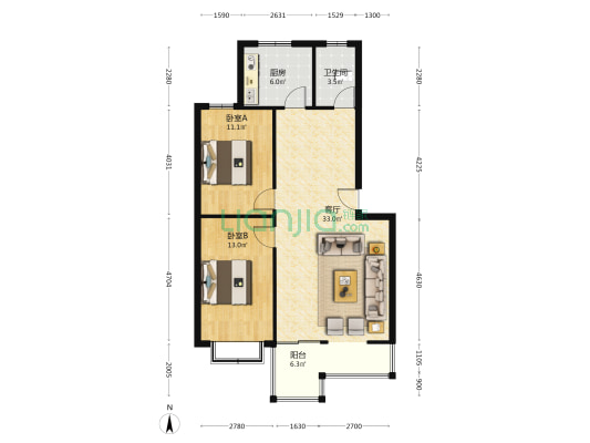 此房南北通透户型，落地窗阳台设计 ，采光视野都很好-户型图