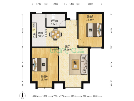 紫云雅苑 2室1厅1卫 93平方