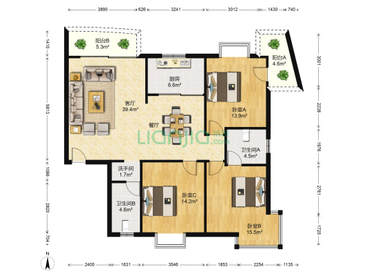 翔鹭花城三期 3室1厅3卫 130平方