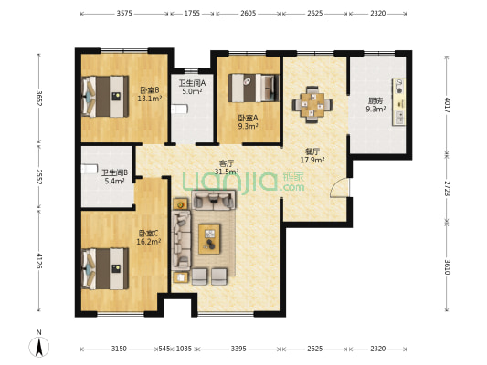 华安紫竹苑 3室2厅2卫 135平方