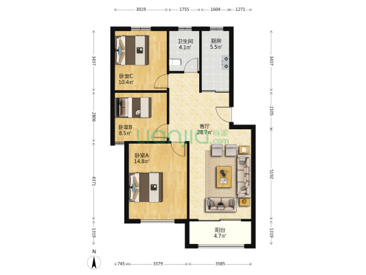万有家苑 3室1厅1卫 96平方