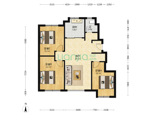 万达公园璞园 3室1厅1卫 96平方