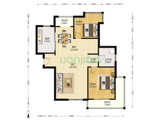 新城花苑 2室2厅1卫 157平方