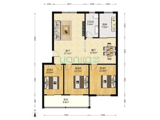 富贵家园 3室2厅1卫 117平方