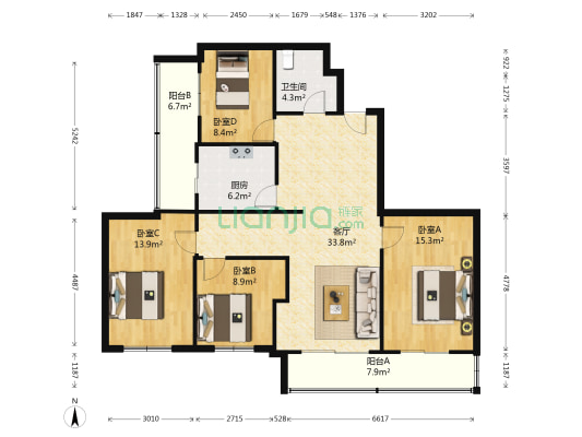 科学家公寓 4室1厅1卫 143平方