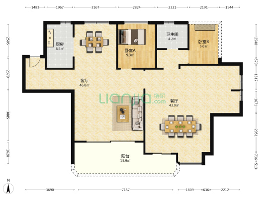 中海龙湖臻如府 2室2厅1卫 164平方