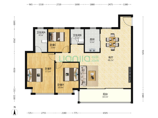 龙湖天奕 3室1厅2卫 141平方
