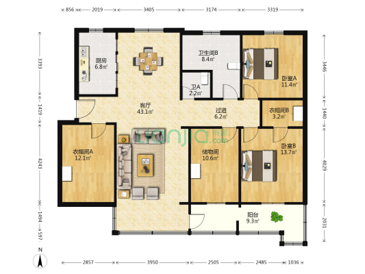 紫薇园 2室1厅2卫 142平方