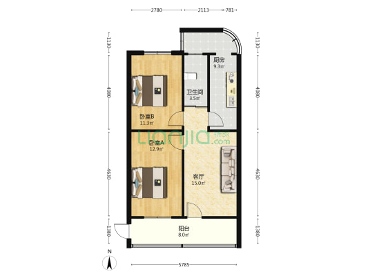 人民东路108号 2室1厅1卫 68平方