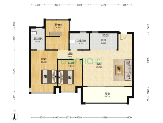 伟星印湖湾 3室1厅2卫 129平方