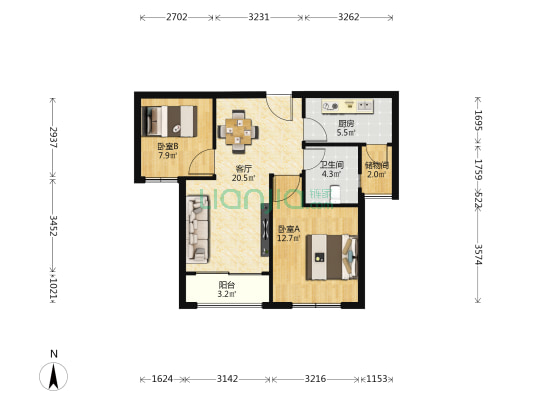 恒大滨江三期恒景滨江城 2室1厅1卫 88平方
