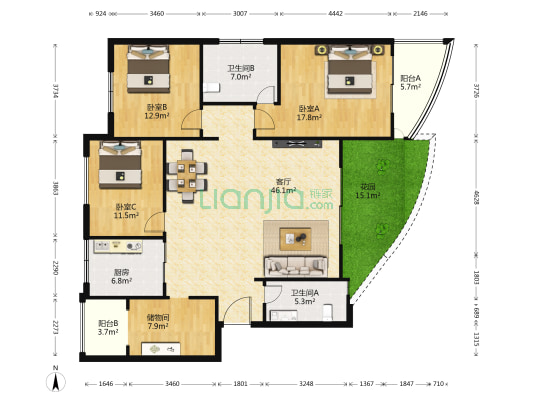置信丽都花园A区 3室1厅2卫 118平方