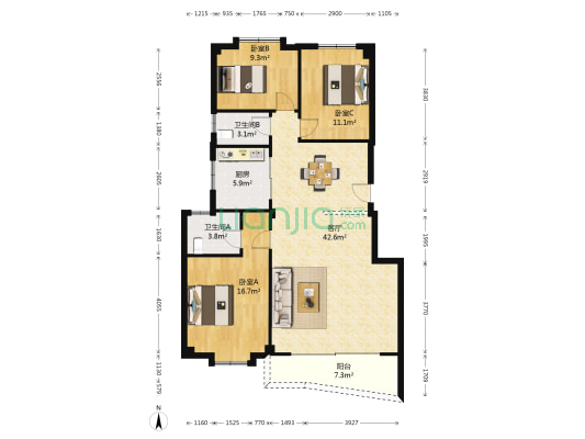 金山小区 3室1厅2卫 120平方