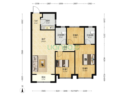 华润置地凯旋门 3室1厅2卫 114平方