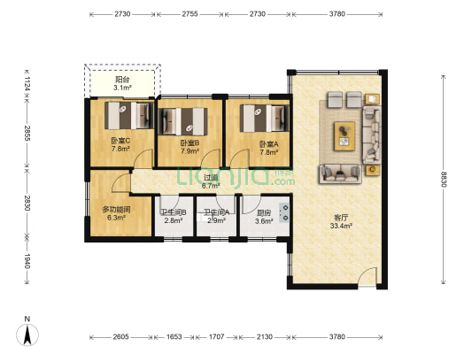 鸿运广场 4室1厅2卫 100平方