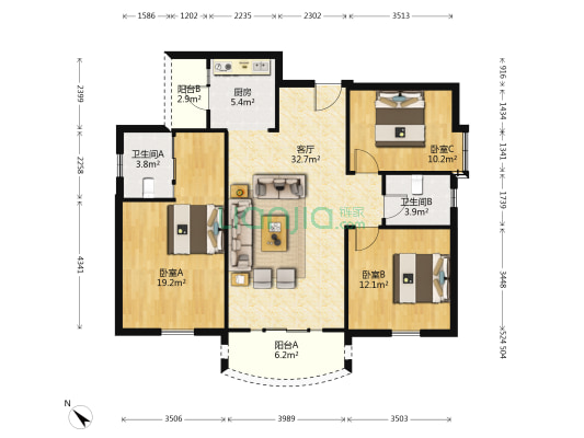 秦园居名雅花苑 3室1厅2卫 112平方