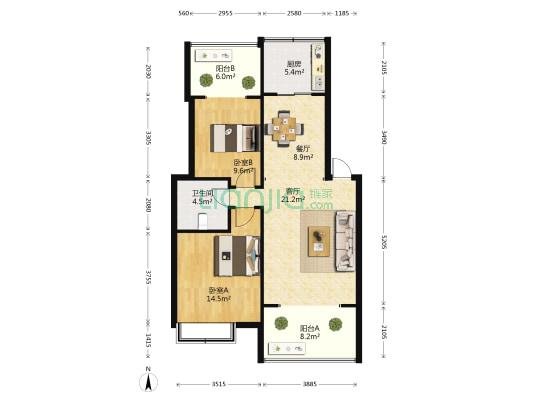 君临天下 2室2厅1卫 94平方