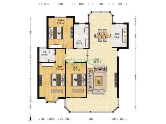 洪恒花园 3室1厅2卫 120平方