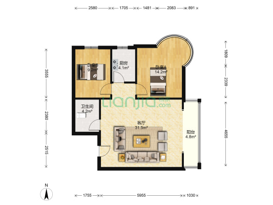 凯旋门 精装两居 拎包入住 房本満五-户型图